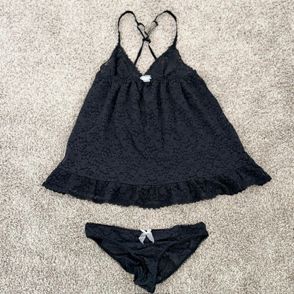 Victoria's Secret Black Lace Babydoll Nightie Set Women's Medium/34B